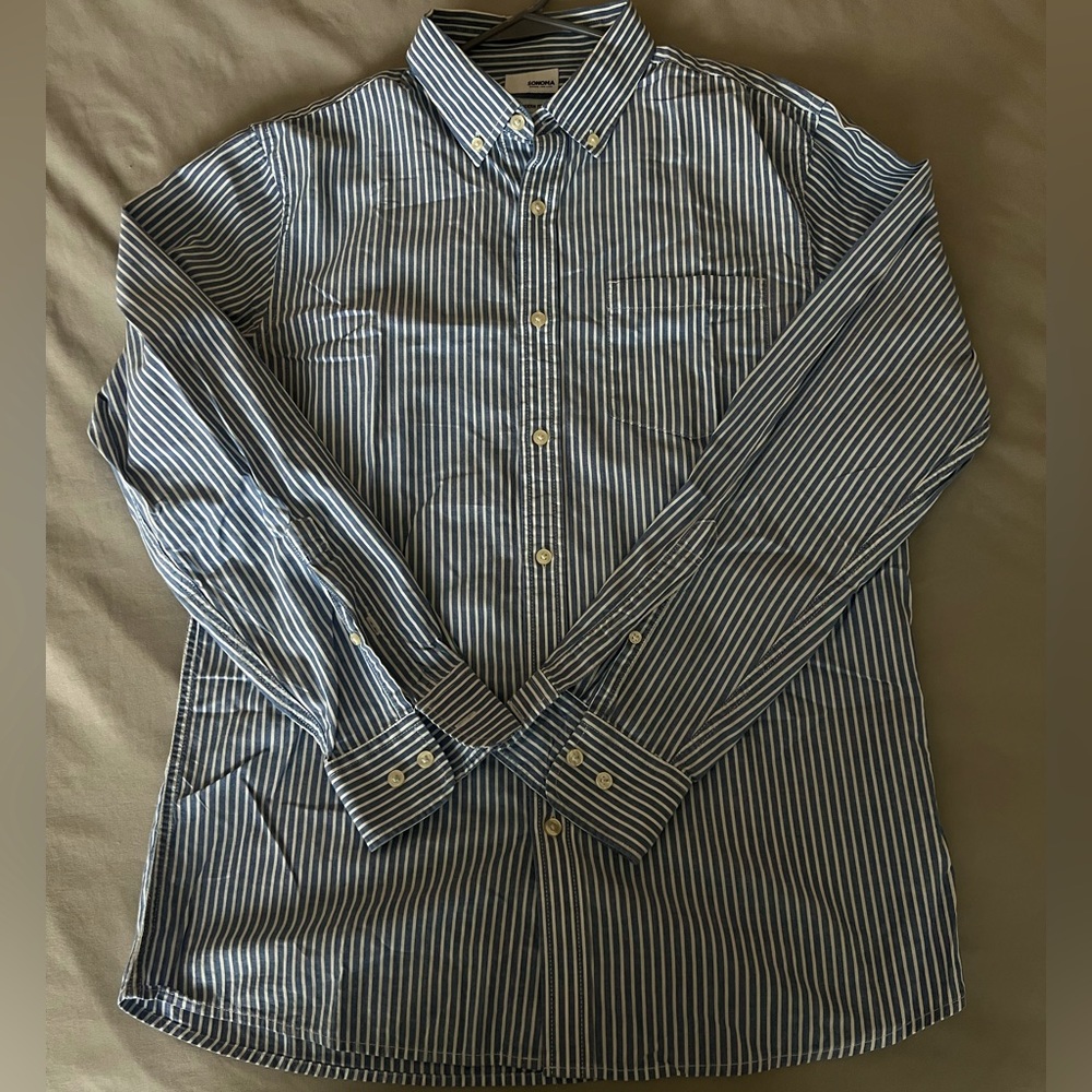 Sonoma Mens Button Down Medium Blue Checks Long Sleeve Dress Shirt
